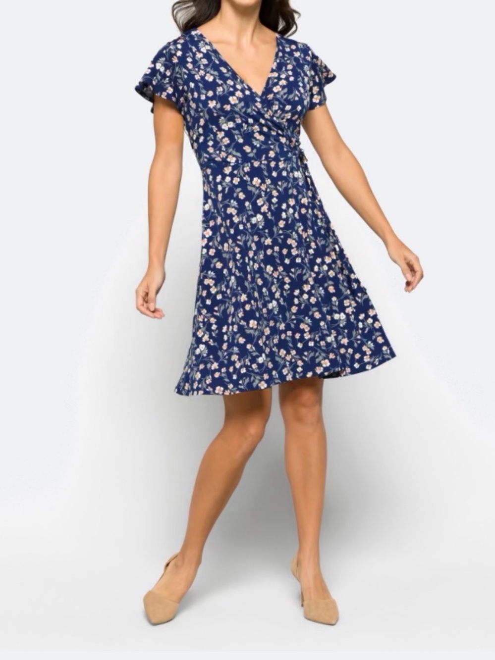 Kaileigh Kaela Navy Floral Faux Wrap Knit Dress Large Petite